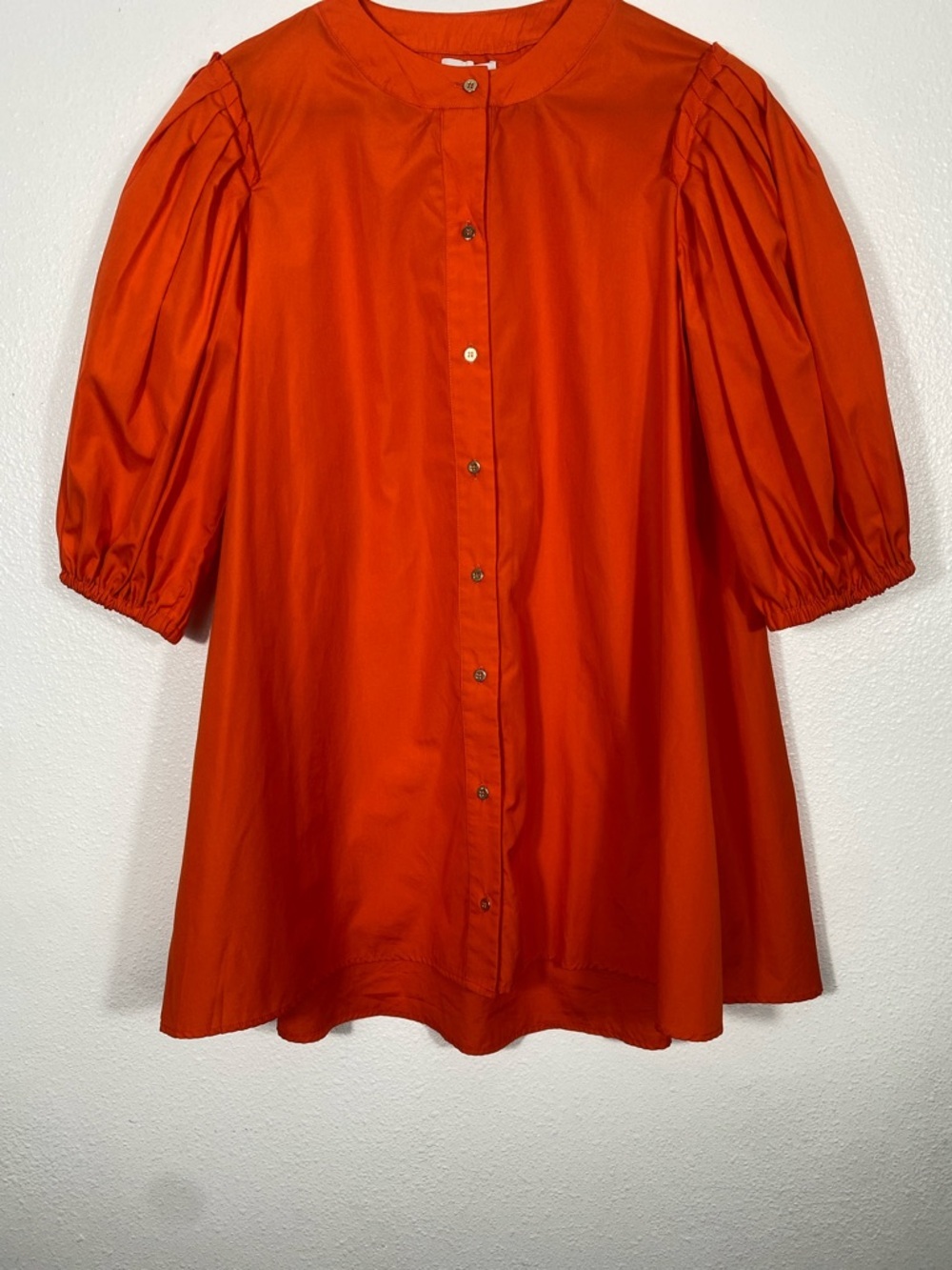 Button-Front Puff-Sleeve Mini Dress in Bold Orange Size 38 - Picture 2 of 16